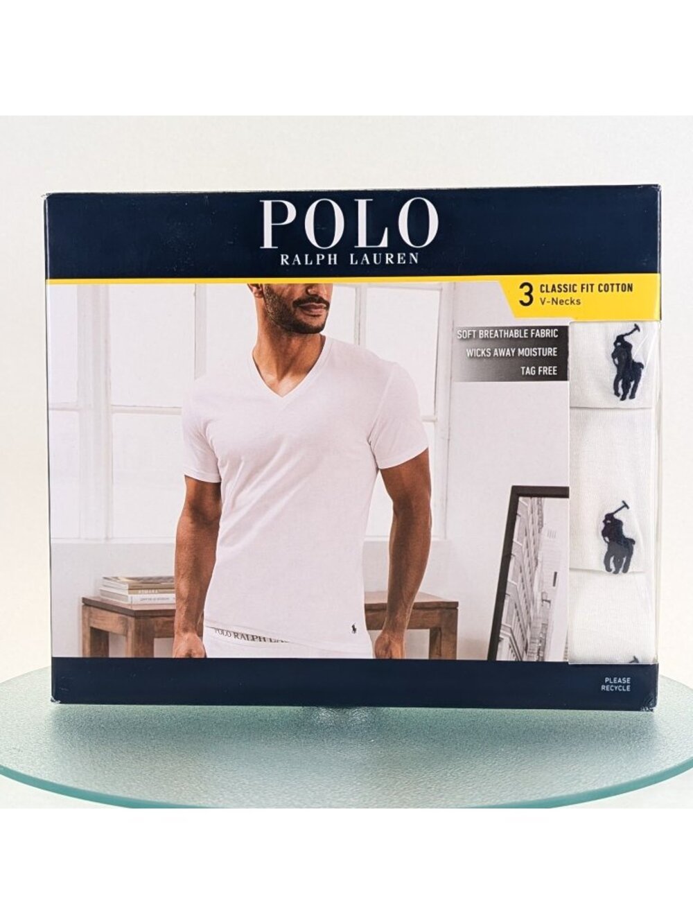Polo Ralph Lauren Mens V Neck T Shirt Classic Fit White Moisture Wicking 3 Pack